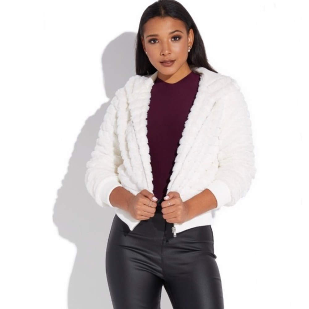 Ivory Faux-Fur Hooded Jacket Size Medium, NWT